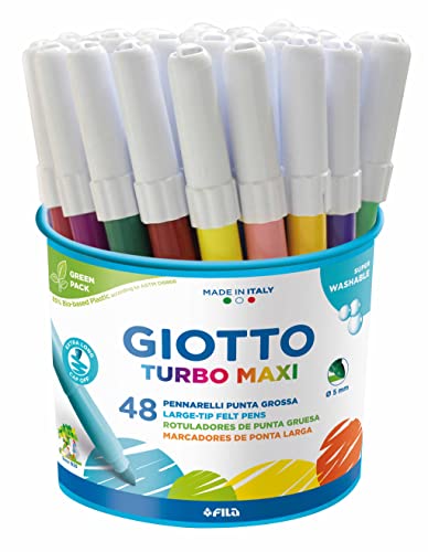 GIOTTO Turbo Maxi super zmywalne pisaki z filcową końcówką, 48 długopisów, duża końcówka 5 mm, różne kolory, idealne dla dzieci, na imprezy i do szkoły