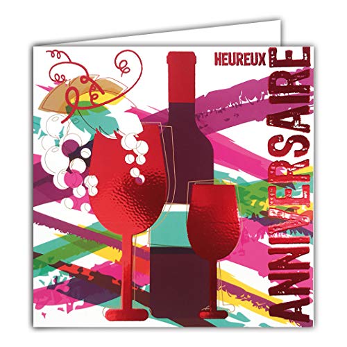 Afie Kwadratowa kartka z życzeniami na urodziny, czerwone wino, bordowy, błyszcząca, strukturalna, efekt reliefu, butelki winogrona 22057