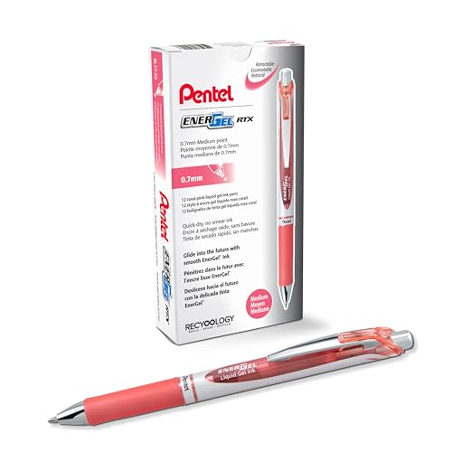 Pentel BL77-P3X EnerGel długopis żelowy z mechanizmem naciskowym, średnica kulki 0,7 mm = grubość linii 0,35 mm, możliwość napełniania, 12 sztuk, koralowy