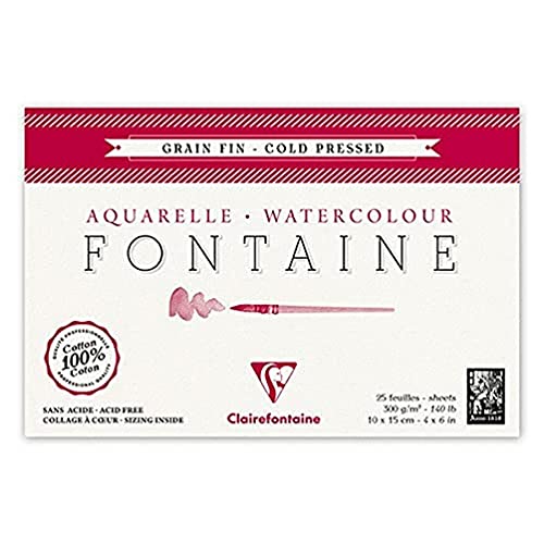 Clairefontaine - Ref 96436C - Fontaine tłoczona na zimno akwarela przyklejana podkładka (25 arkuszy) - rozmiar 10 x 15 cm, papier 300 g/m² - nadaje się do akwarelowych dzieł sztuki