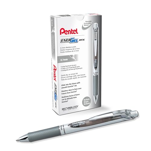 Pentel BL77-NX EnerGel żelowy długopis atramentowy z mechanizmem naciskowym, średnica kulki 0,7 mm = grubość linii 0,35 mm, do wielokrotnego napełniania, 12 sztuk, szary