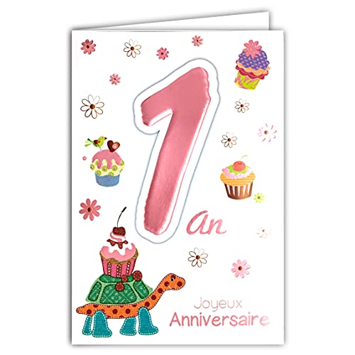 Age Mv Age MV 69  2001 karta Joyeux Anniversaire 1 rok Baby Dziewczynka Żółw Ciasto Babeczki Kwiaty 69-2001