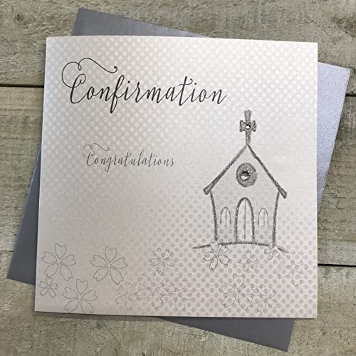 WHITE COTTON CARDS białe bawełniane kartki WB105 1 sztuka na Twoje bierzmowanie gratulacje ręcznie wykonana kartka, srebrny kościół WB105
