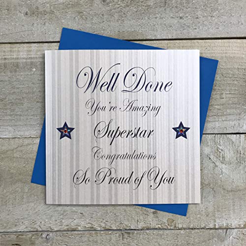 WHITE COTTON CARDS białe bawełniane kartki 'Well Done You're Amazing Superstar' ręcznie robione karty, biała, PD89 PD89
