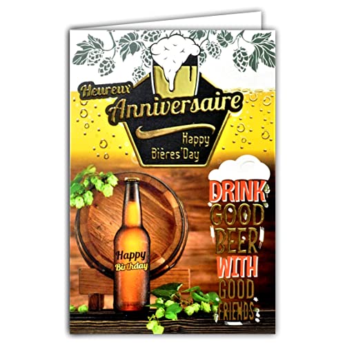 Afie Kartka z życzeniami na urodziny, żółte złoto, piwo, degustacja, przyjaciół, pęcherze, beczka z pianki, butelka, szkło, bulik, malt, wyprodukowana we Francji 65-1262