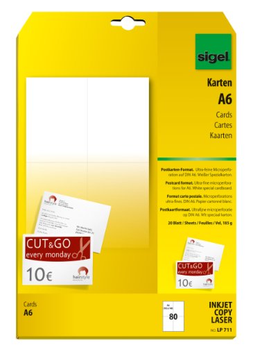 Sigel SIGEL LP711 puste kartki / kartki pocztowe białe, A6, obustronne zadrukowanie, 185 g, 80 sztuk LP711