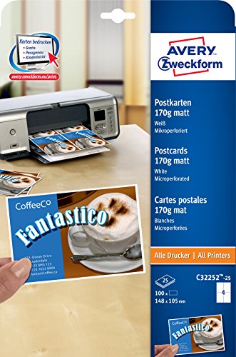 AVERY Zweckform C32252-25 pocztówki (puste kartki z obustronnym nadrukiem, matowe białe, bardzo drobne mikroperforacje, 25 arkuszy) do samodzielnego drukowania na wszystkich drukarkach