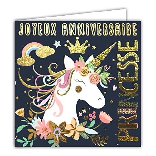 Afie Afie Karta, kwadratowa, kolor złoty, Happy Birthday, księżniczka, jednorożec, tęcza, korona kwiaty 22017
