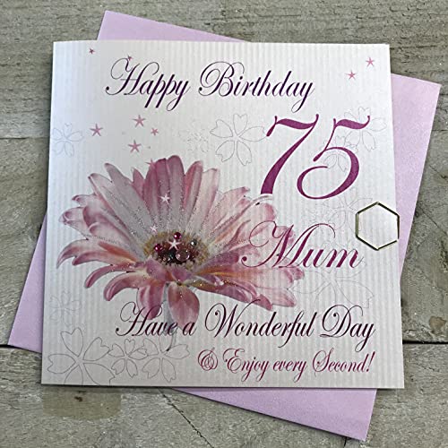 WHITE COTTON CARDS białe bawełniane kartki różowa gerbera, Happy 75 Mum Have a Wonderful Day ręcznie robiona kartka na 75. urodziny, biała, wba75-mum wba75-mum
