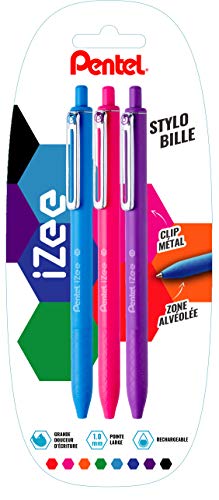 Pentel IZee długopis, wysuwany, z metalowym klipsem, blister de 3 błękitny/różowy/fioletowy.