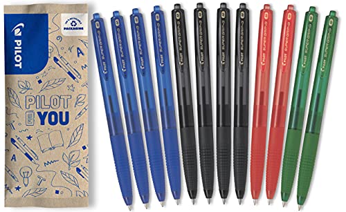 Pilot Pen Super Grip G długopis z naciskiem, zestaw 12 sztuk w rozmiarze M (niebieski, czarny, czerwony, zielony)