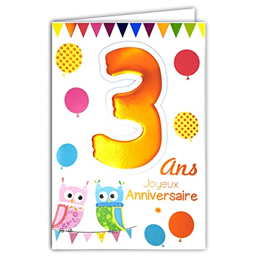 Age Mv Age MV 69  2003 karta Joyeux Anniversaire 3 lata dzieci chłopcy dziewczynki sowy ptaki balony łańcuch proporczyków 69-2003