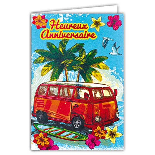 Kartka urodzinowa Happy Birthday - czerwony połysk combi VW Van Hippie Car Surf 69-4070