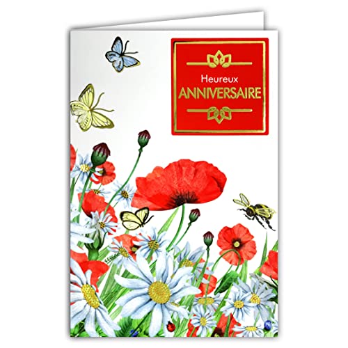 Afie Kartka z życzeniami na urodziny, bukiet kwiatów margeritów, czerwone kwiaty maku, motyle pozłacane złotem, wyprodukowano we Francji 65-1226