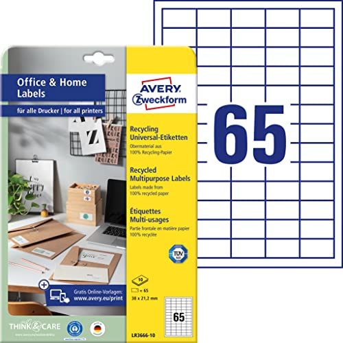 Avery Zweckform Trwałe recyklingowane etykiety uniwersalne A4 10 ark./op. 38 x 21,2 mm białe ZWECKFORM LR3666-10 LR3666-10