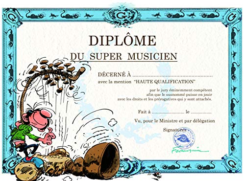 Gaston Lagaffe dyplome super muzyka – instrument harpe drewno struny muzyka