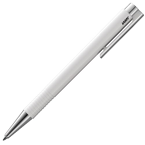 LAMY Logo M+ długopis 204 – długopis z odpornego na pęknięcia tworzywa sztucznego w kolorze biały/srebrnym ze zintegrowanym zatrzaskiem – z wkładem o dużej pojemności – szerokość kreski B