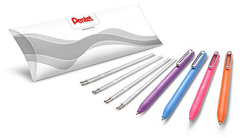 Pentel BX470 iZee długopisy 4 kolory zestaw wraz z wkładami do uzupełniania, posortowane pod względem koloru, mechanika nacisku, metalowy klips, grubość kreski 0,5 mm = średnica kulki 1,0 mm