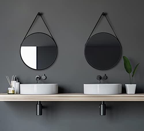 Talos Black Style Okrągłe lustro ścienne w kolorze matowej czerni, okrągłe, z wysokiej jakości aluminiową ramą, z taśmą o wyglądzie skóry