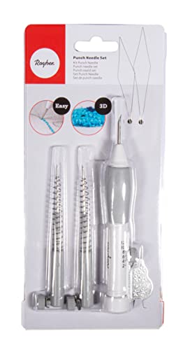 Rayher 69226000 Punch Needle zestaw igieł, regulowane, haftowanie dla początkujących, 1 długopis do haftowania, 3 igły do haftowania, 2 elementy pomocnicze do nawlekania