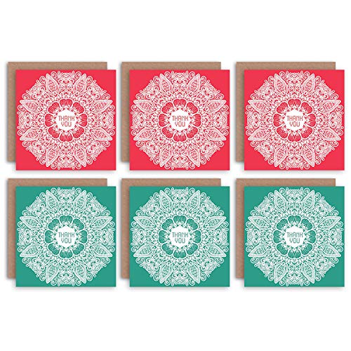 Wee Blue Coo Wee Blue Coo Kartki z podziękowaniami x6 wzór mandali zielony czerwony zestaw (2 wzory) _CS TYMIXPK001_CS