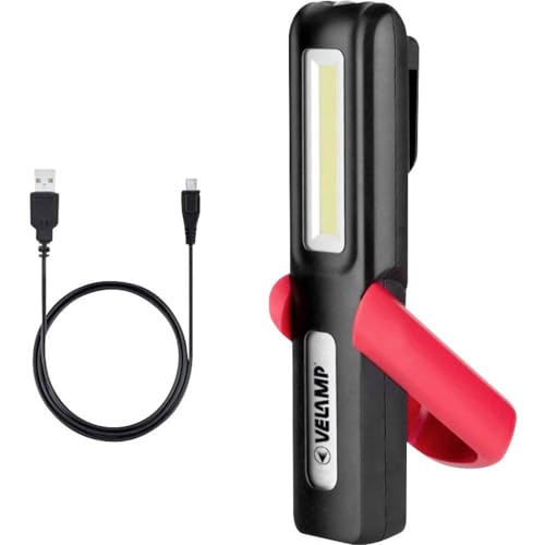 Velamp Lampa robocza 2 w 1, możliwość ładowania: latarka COB 3 W, wielofunkcyjna, z magnesem i haczykiem, czerwona