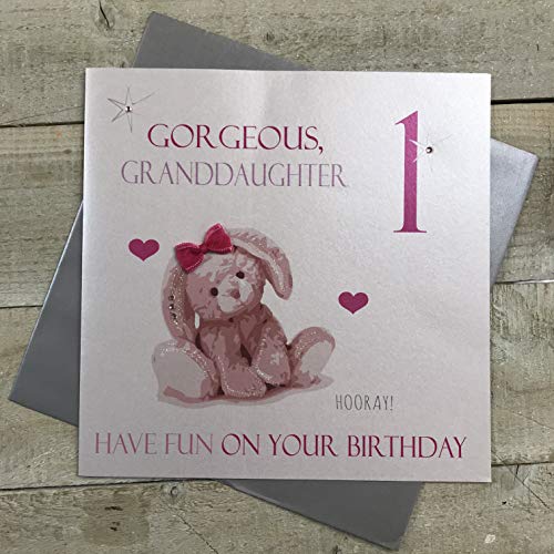 WHITE COTTON CARDS White Cotton Cards Duży różowy króliczek, wspaniała wnuczka 1 'Have Fun' ręcznie wykonana kartka na 1 urodziny, XNGD1 XNGD1