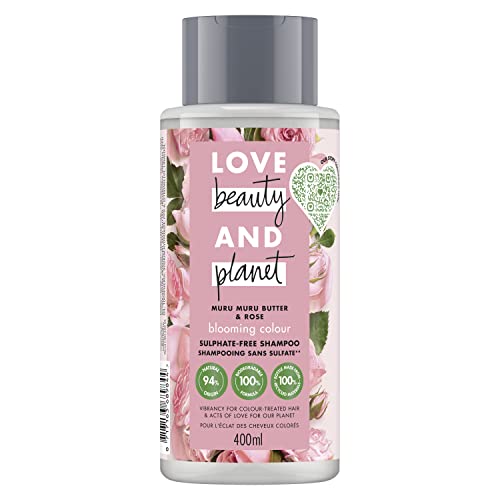 Love Beauty And Planet Wegański szampon damski z masłem Muru Muru i różą formuła do włosów farbowanych, certyfikat wegański, 400 ml