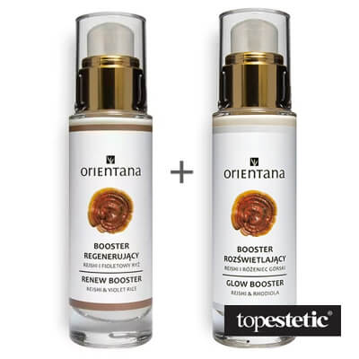 Orientana Glow Booster Reishi And Rhodiola + Renew Booster Reishi And Violet Rice ZESTAW Rozświetlający booster reishi i różeniec górski na dzień 30 ml + Regenerujący booster reishi i fioletowy ryż na