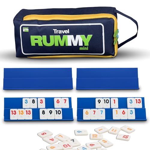 Point gry: Mini Travel Remik gra osadzona ze 106 płytek i Cztery 2 Poziom Exclusive Gra Stojaki w Super Durable torba podróżna