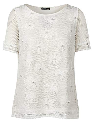 APART, elegancka damska koszulka, kremowa, wykonana z siatki zdobionej kwiatami, która jest nieprzezroczysta i pokryta materiałem z wiskozy, kremowy, 34 PL