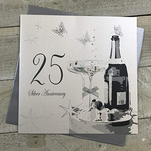 WHITE COTTON CARDS białe bawełniane karty duże srebrne ślub, ręcznie wykonana kartka z okazji 25. rocznicy, biała, XLBD25 XLBD25