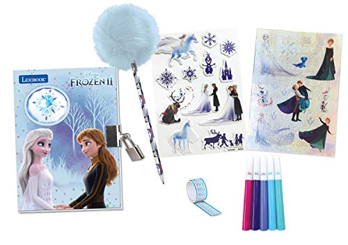 Lexibook Frozen 2 - elektroniczny sekretny pamiętnik z akcesoriami. efektami świetlnymi. kłódką i kluczem. naklejkami. długopisem z pomponem. 100 stronami. niebieski/fioletowy. SD30FZ