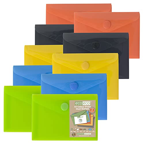 eco-eco A7 50% recyklingowane różne kolory wciskany portfel na zatrzaski, plastikowe foldery (opakowanie 10), zielony, czarny, niebieski, żółty, pomarańczowy, eco077x2
