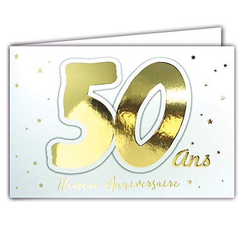 Afie Afie 69-2205 kartka z życzeniami na 50. urodziny ze złotymi gwiazdami na białym tle, z kopertą; format zamkniętej kartki 17 x 11,5 cm 69-2205