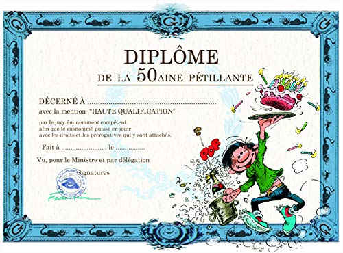 Gaston Lagaffe kartka urodzinowa Diplom de 50aine Pétillant – świece do ciasta w kremowym tarcie, butelce, wino, petillant, korek szampański, wiaderko