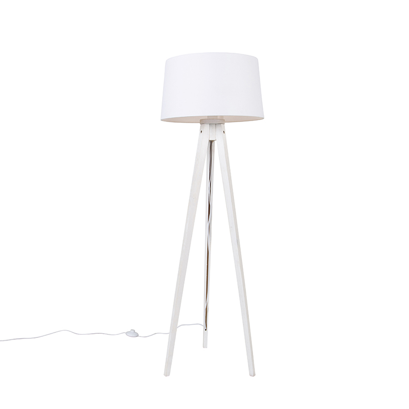 QAZQA Nowoczesna lampa podłogowa statyw biały z lnianym kloszem biały 45 cm - Tripod Classic