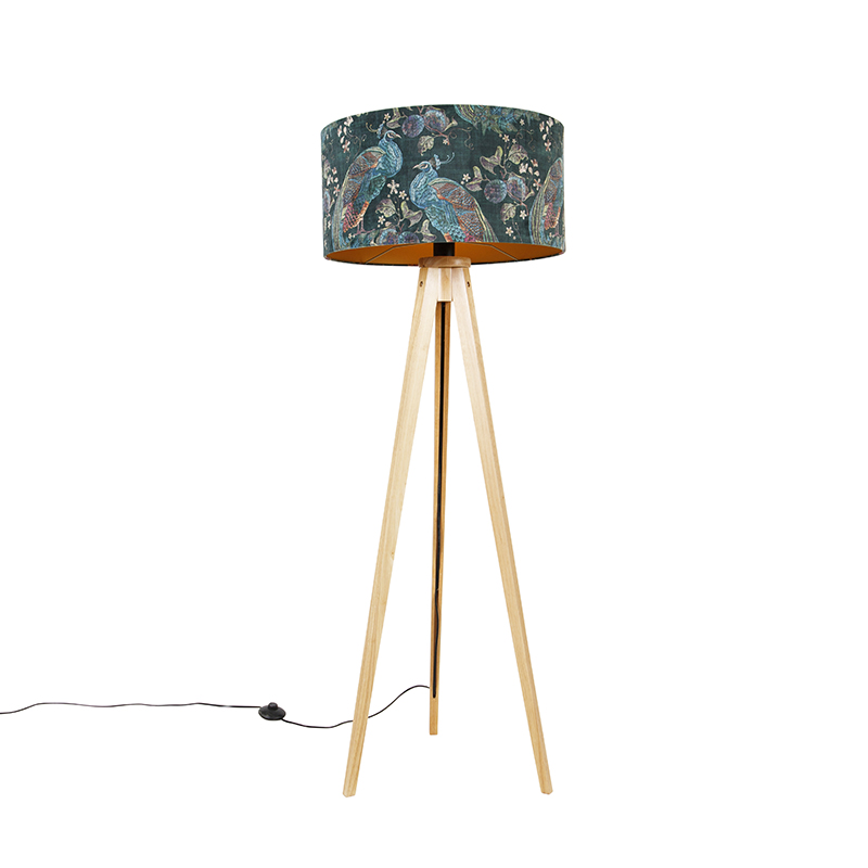 QAZQA Nowoczesna lampa podłogowa z drewna abażur z tkaniny paw 50 cm - Tripod Classic