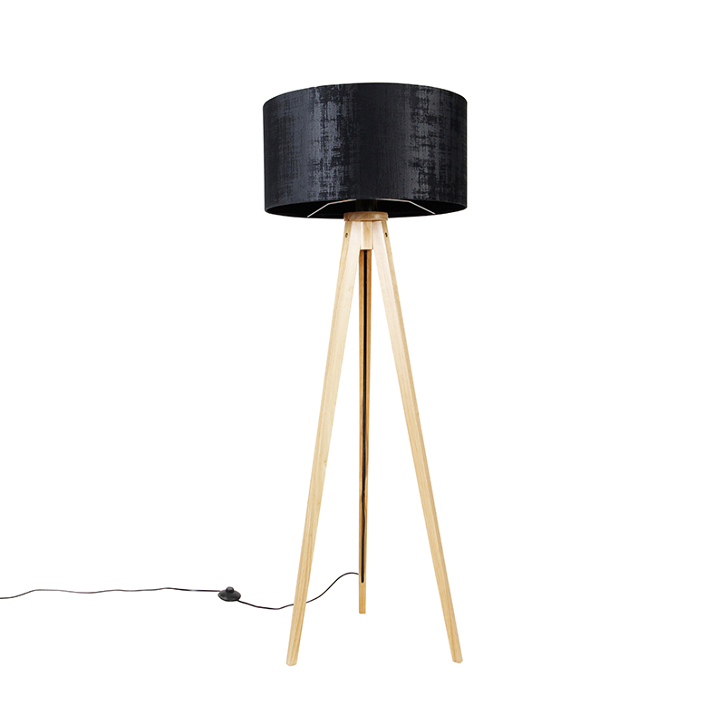 QAZQA Lampa podłogowa drewniana z kloszem z tkaniny czarny 50 cm - Tripod Classic
