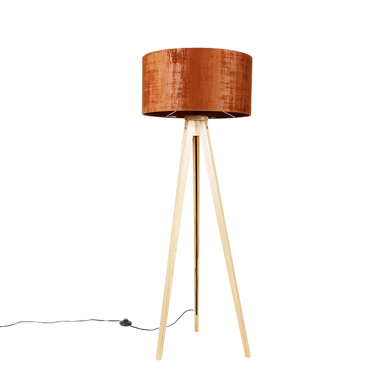 QAZQA Lampa podłogowa drewniana z kloszem z tkaniny pomarańczowy 50 cm - Tripod Classic