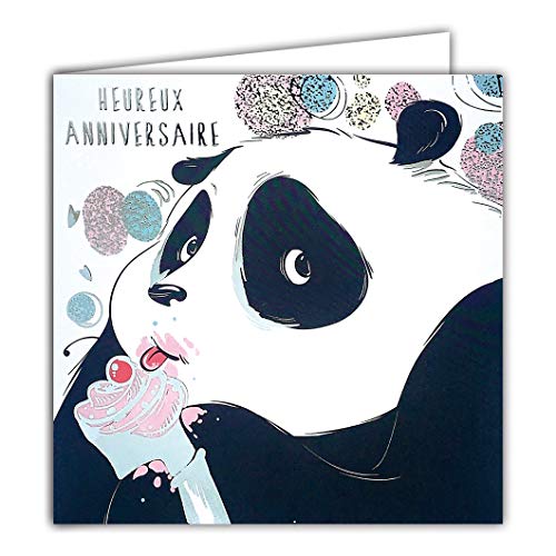Afie Afie Kartka z życzeniami, kwadratowa, srebrna, szczęście, na urodziny, panda, do babeczek, wiśni 22018