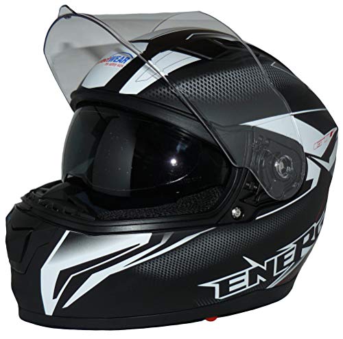 protectWEAR the safety kick Integralny kask motocyklowy ze zintegrowaną osłoną przeciwsłoneczną i składanym wizjerem FS-818-SW-XL, czarno-biały