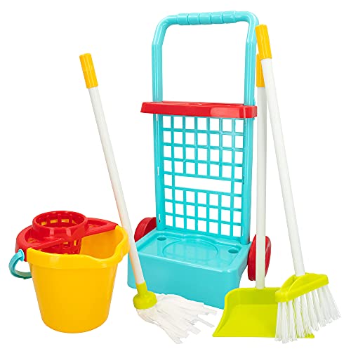 colorbaby 40594 – wózek do czyszczenia z wiaderkiem, mopem i miotłą, miotełką do kurzu niebieski wiadro czerwony