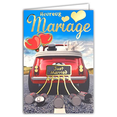 Kartka z życzeniami ślubnymi z pozłacaniem złota, kolor czerwony cabrio Vive dla panny młodej, balony z sercem na dobrej ulicy, na podróż ślubną, wyprodukowano we Francji