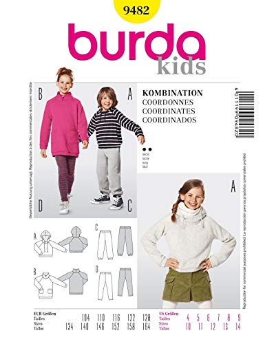 Burda Łatwe połączenie  9482 wykrój koszulka T-shirt z kapturem sukienka legginsy spodnie do joggingu (Kids, rozmiar 104  164) Level 2 B9482