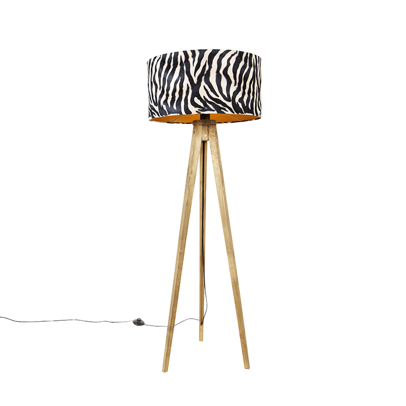 QAZQA Vintage lampa podłogowa drewniany abażur wzór zebry 50 cm - Tripod Classic