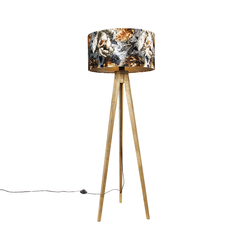 QAZQA Vintage lampa podłogowa klosz z drewna wzór kwiatowy 50 cm - Tripod Classic