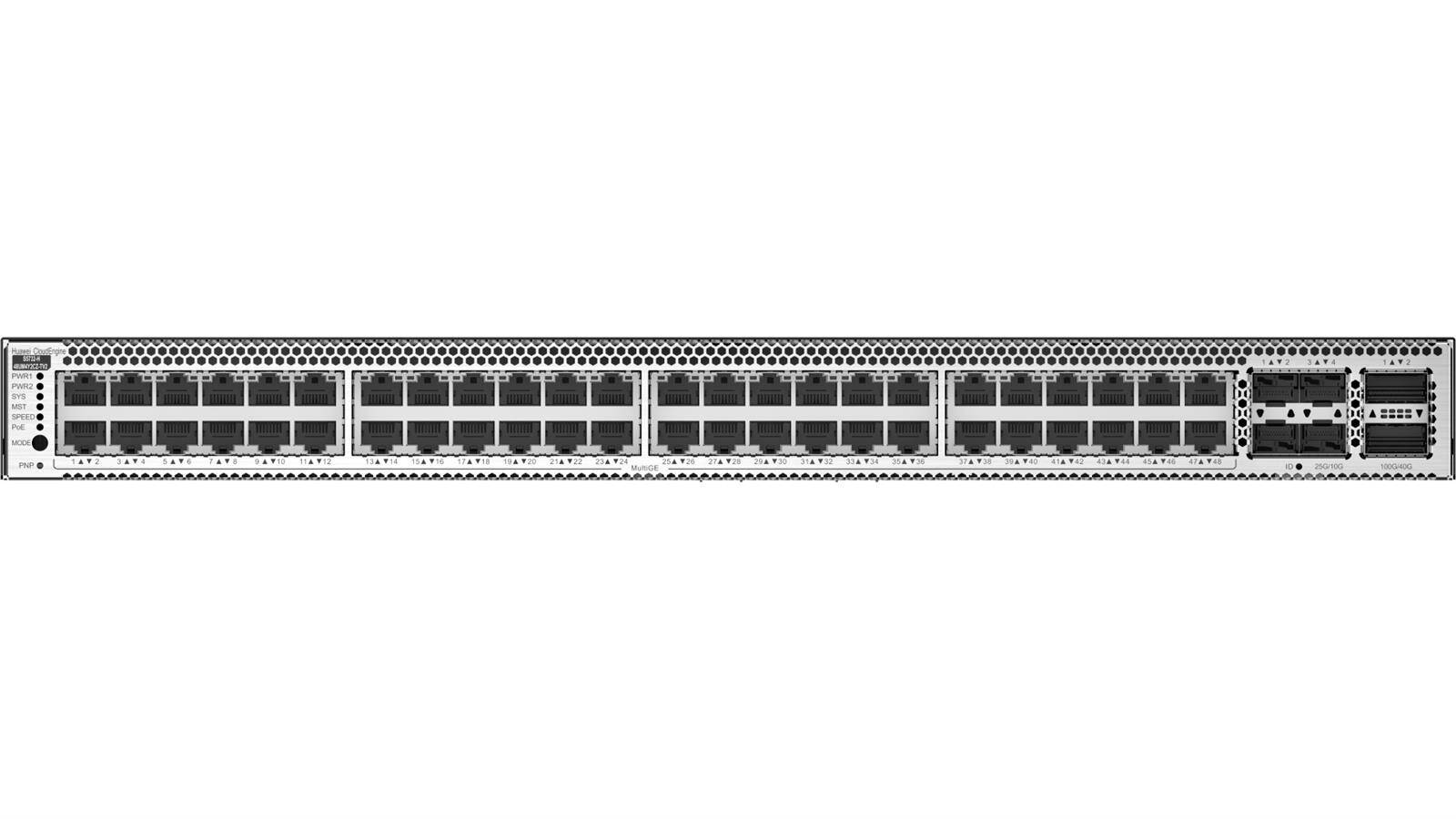 S5732-H48UM4Y2CZ-TV2 - 2.5&10G bundle, 36x 100M/1/2.5G, 12x 100M/1/2.5/5/10G Ethernet, optional RTU upgrade to 5/10G, 4x 25G SFP28, 2x 100G QSFP28, 1x expansion slot, PoE++, HTM, 1000W AC, Huawei S5732-H Switch