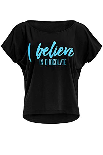 WINSHAPE WINSHAPE Damska koszulka Winshape Damen Ultra Leichtes Modal-kurzarmshirt Mct002 Mit Neon Blauem 'I Believe in Chocolate' Glitzer-aufdruck T-shirt Schwarz-neon-blau-brokat XXL MCT002-SCHWARZ-BLAU-CHOCOLATE