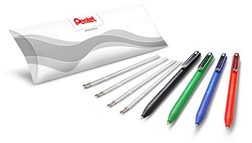 Pentel BX470 iZee długopisy 4 kolory zestaw wraz z wkładami do uzupełniania, posortowane pod względem koloru, mechanika nacisku, metalowy klips, grubość kreski 0,5 mm = średnica kulki 1,0 mm